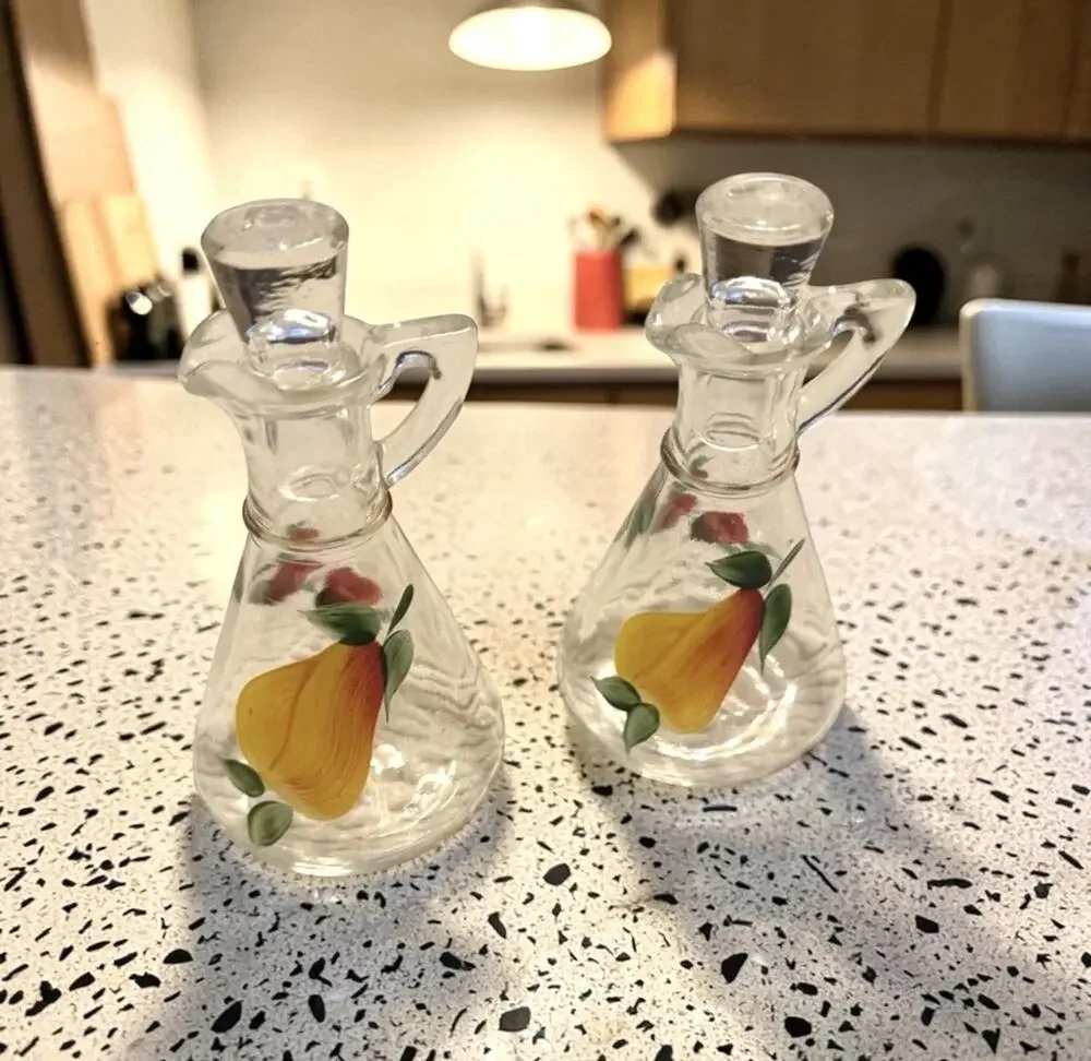 Vintage Set HAZEL ATLAS Cruets Oil & Vinegar Fruit Motif 3661/66